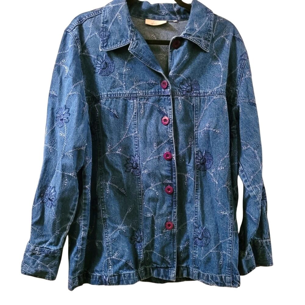 Vtg Floral Embroidered Denim Button Up Shirt Shacket Size XL Dressbarn Boho